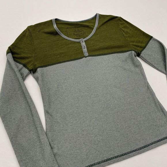 prAna Henley Shirt Womens Large Green Gray Colorblock Long Sleeve Rib Knit - Picture 2 of 8